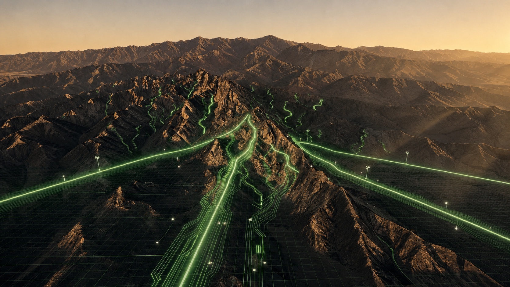 Abstract desert ridgeline in warm sunlight with a subtle computational field signal